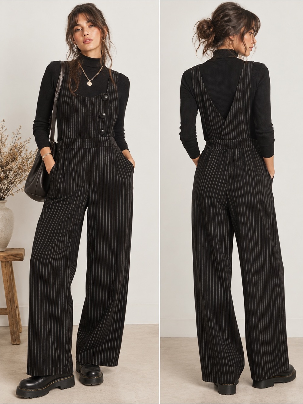 Black Pinstripe Dark Academia Boho Grunge Wide-Leg Suspender Jumpsuit Size Large